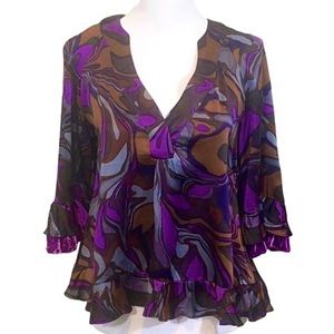 Nanette Lepore Silk Top with Velvet Sleeve ruffle